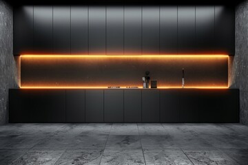 Sleek modern kitchen with dark cabinetry, ambient lighting, and minimalist design, creating a stylish and contemporary space