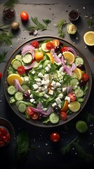Fresh and vibrant Greek salad with feta cheese, olives, cucumbers, tomatoes, and red onion.