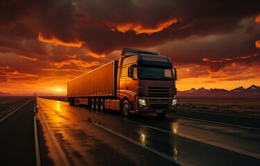 Truck drives on the highway at sunset