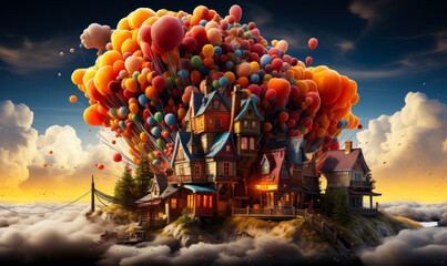 The house is lifted by balloons
