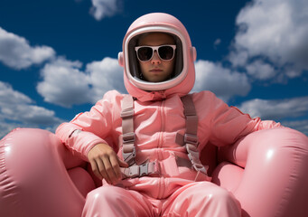 Man in pink space suit sits on inflatable sofa against the sky