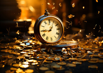 Vintage alarm clock and gold coins on dark background