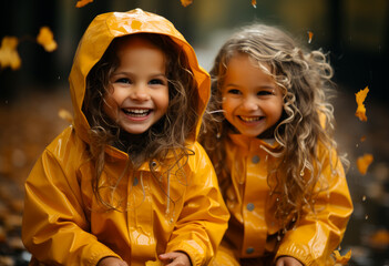 Two cute little girls of preschool age are playing in the autumn park with yellow leaves.