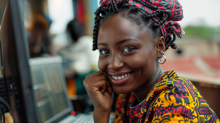 Smiling Woman in Vibrant African Print Working on Laptop in Casual Office Setting