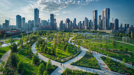 Urban Park with Modern Skyline and People Enjoying Green Spaces on a Sunny Day