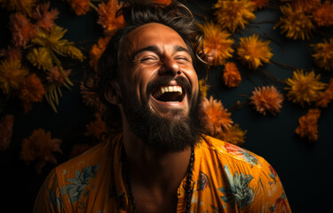 Man laughs while wearing floral shirt.