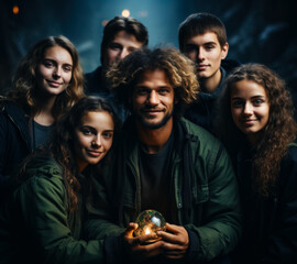 Man holds crystal ball surrounded by young people