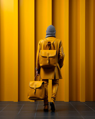Man in yellow suit walks along the yellow wall with yellow bag and gray hat on his back.