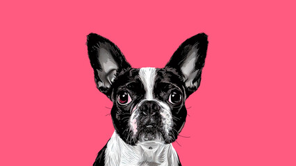 Boston Terrier in Black & White on Pink Background. Retro Pop, Minimalist Charm, Playful Pet.