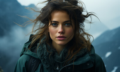 Portrait of beautiful woman with windy hair wearing green jacket looking at camera standing on rock with mountains on the background.