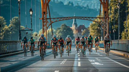 Group of people riding bikes across historic bridge