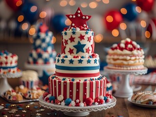 Celebration cake with red, white and blue frosting.