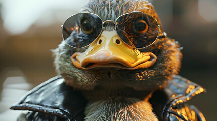 Fototapeta premium Duck wearing a leather jacket and sunglasses 