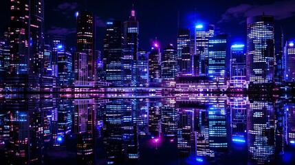 A stunning view of a modern city at night. The city is full of tall buildings, bright lights, and reflections in the water.