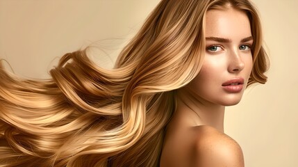 Elegant woman with long flowing blonde hair poses gracefully. Beauty portrait style showcasing natural glamour. Perfect for hair care and fashion themes. AI