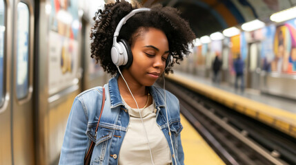 Fototapeta premium A woman wearing headphones is walking on a subway platform