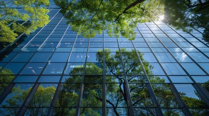 Glass building with tree reflections, showcasing the importance of environmental sustainability in corporate governance