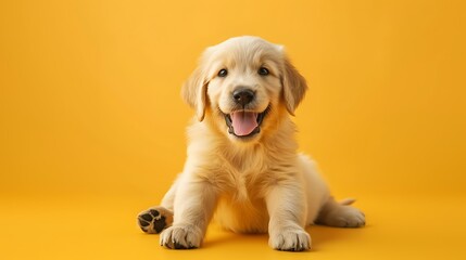 A studio shot of an adorable golden retriever puppy sitting on a yellow background.