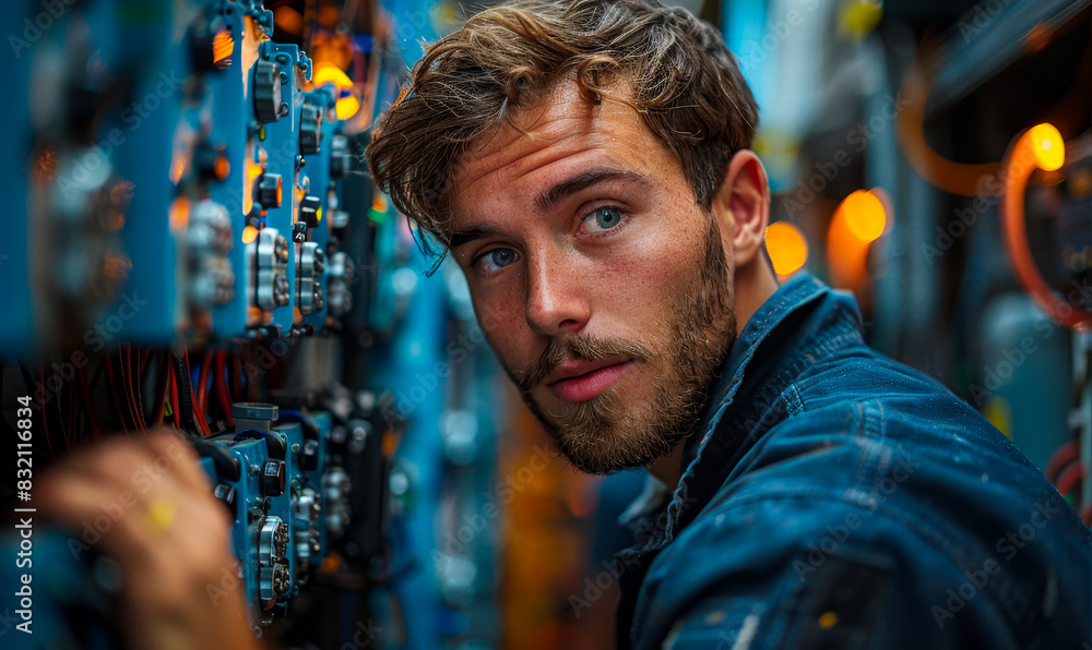 Aufkleber young it technician inspecting computer server hardware in data center at night, focused engineer an