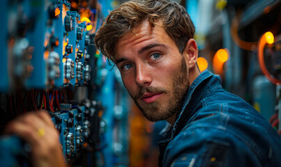 Young IT Technician Inspecting Computer Server Hardware in Data Center at Night, Focused Engineer Analyzing Network Equipment, Professional Technology Maintenance