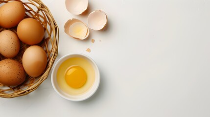 Basket of brown eggs and one cracked open on a white background. This minimalistic food photography showcases cracked eggs. Ideal for cooking blogs or food websites. AI