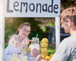 Lemonade, kid and sale for girl, stand and sign for small business, glasses and happy. Outdoor,...