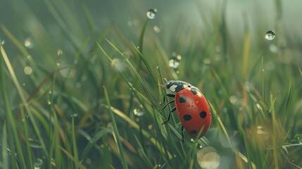 A ladybug perched on the edge of green grass, with dewdrops glistening in its red shell and black dots.