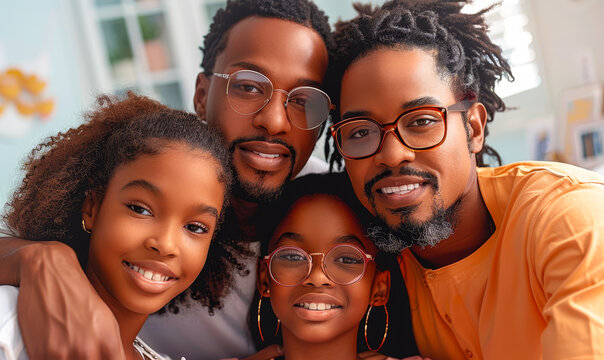 Portrait of Happy African American Family Taking Selfie Together at Home in Bright Room, Smiling, and Enjoying Quality Time, Daytime, Warm and Loving Family Bonds