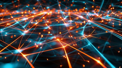 Obraz premium The image is of a computer network. It shows the connections between different computers and servers. The image is blue and orange and looks very abstract.