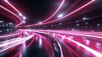 Fototapeta premium The image shows a dark road with glowing pink neon lights on either side. The lights are blurred, creating a sense of speed and motion.