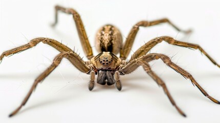 A closeup of a nursery web spider on a white background 