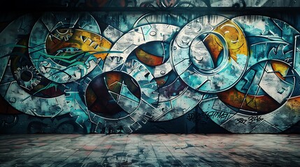An abstract graffiti wall with a design of interlocking gears