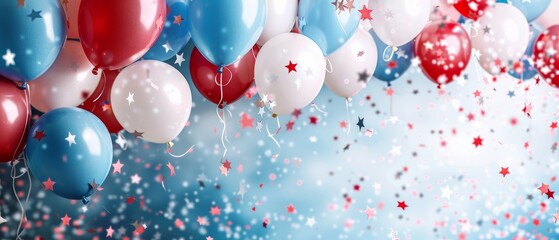 Patriotic party with red, white, and blue balloons, background of star confetti, festive scene
