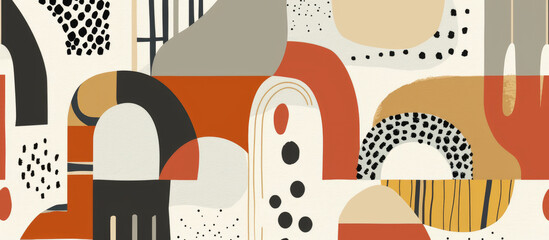 Obraz premium Abstract geometric shapes in warm earth tones, forming arches and circles with bohemian patterns in brown, orange and beige