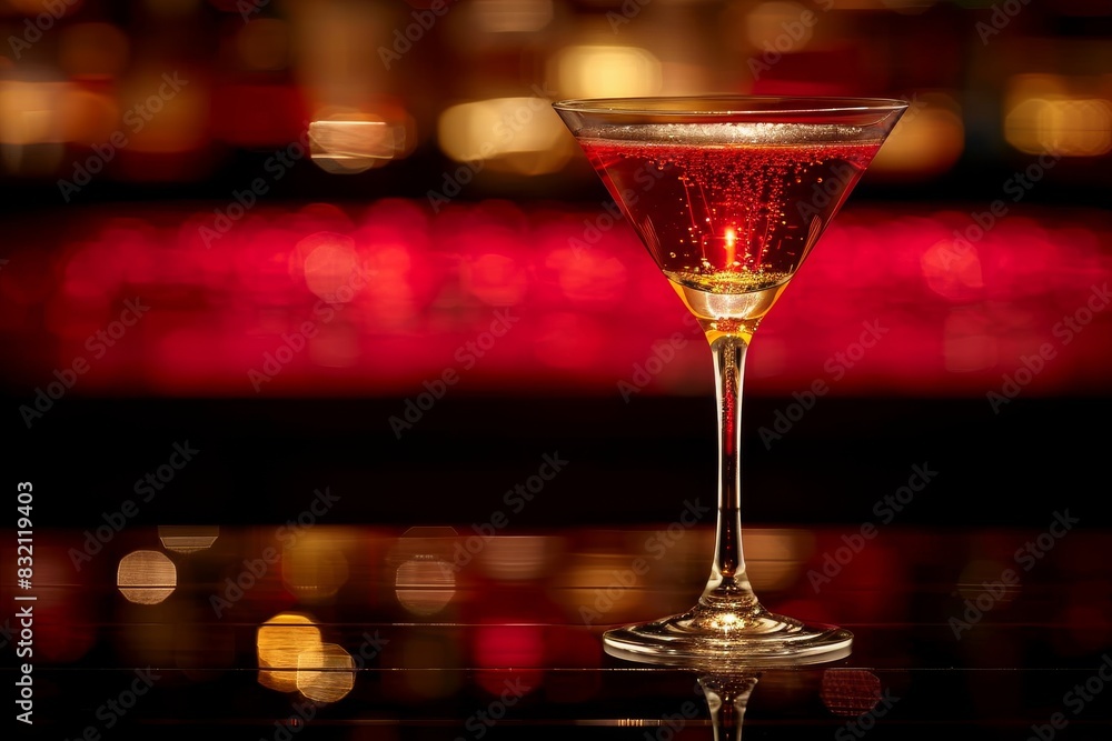 Poster elegant red cocktail with a bokeh background, creating a sophisticated and festive evening atmospher