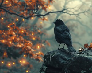 A solitary black bird perches on a rock in an enchanting forest with glowing lights and autumn foliage.