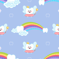 Kawaii sweet seamless pattern with cute rainbow and tooth fairy character