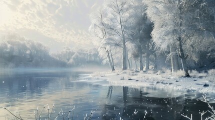 Frozen Lake Shore with Frost Covered Trees in Winter Scene