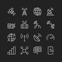 Telecommunications, network icons, white lines on black background. Information transmission, phones, satellites, antennas. Modern technologies. Customizable line thickness
