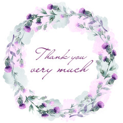 A card with flowers and the text Thank you. Watercolor flower wreath with pink flowers for text. Round, circle botanical frame with thanks