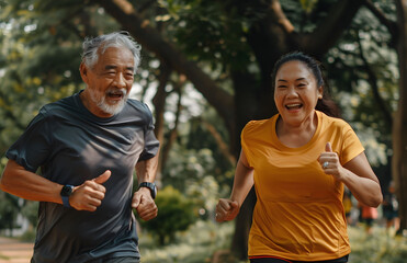 A man and a woman are running in a park, exercising and enjoying the outdoors