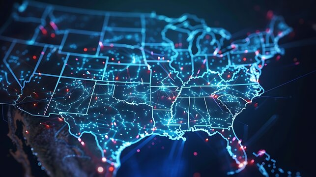Abstract glowing blue plexus map of United States of America on dark background.