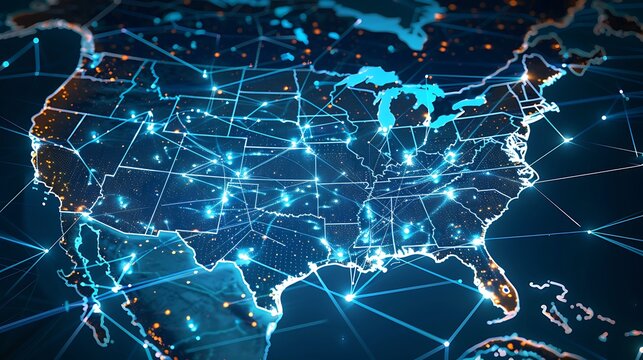 Abstract image of glowing plexus network over the United States map.