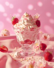 Delightful strawberry dessert with whipped cream in a glass dish, surrounded by strawberries and pink flower petals.