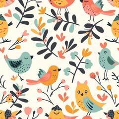 Colorful Abstract Birds and Floral Patterns Background Illustration