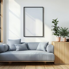 A living room with a blue couch and a wooden cabinet