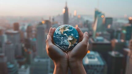 The photo shows a person holding a glowing Earth in the palm of their hand with a cityscape in the background.