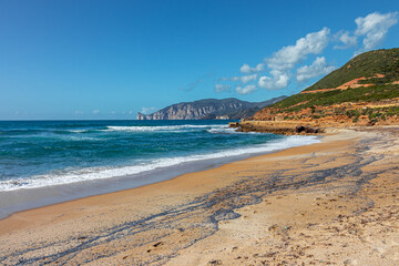 Funtanamare beach with Pan di Zucchero in the background. Sardinia, Italy