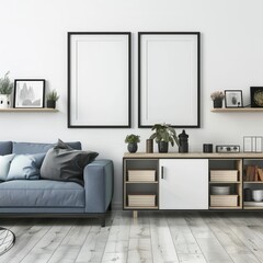 A living room with a white couch and a black framed picture on the wall