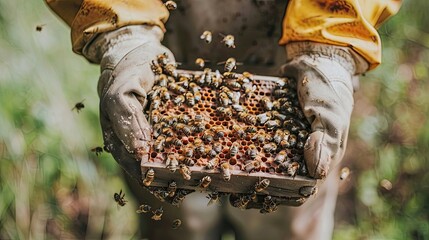 Beekeepers hands holding frame covered with bees and brood, hand protection, home production. Beauty of nature, close up, beekeeping, agriculture, natural products. Generative by AI.